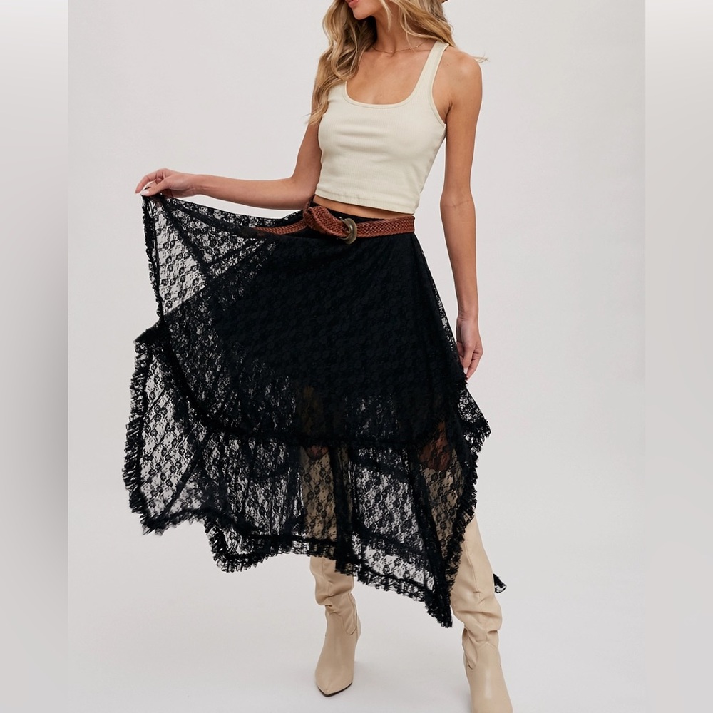 New- Lace Tiered Midi Skirt in Black.